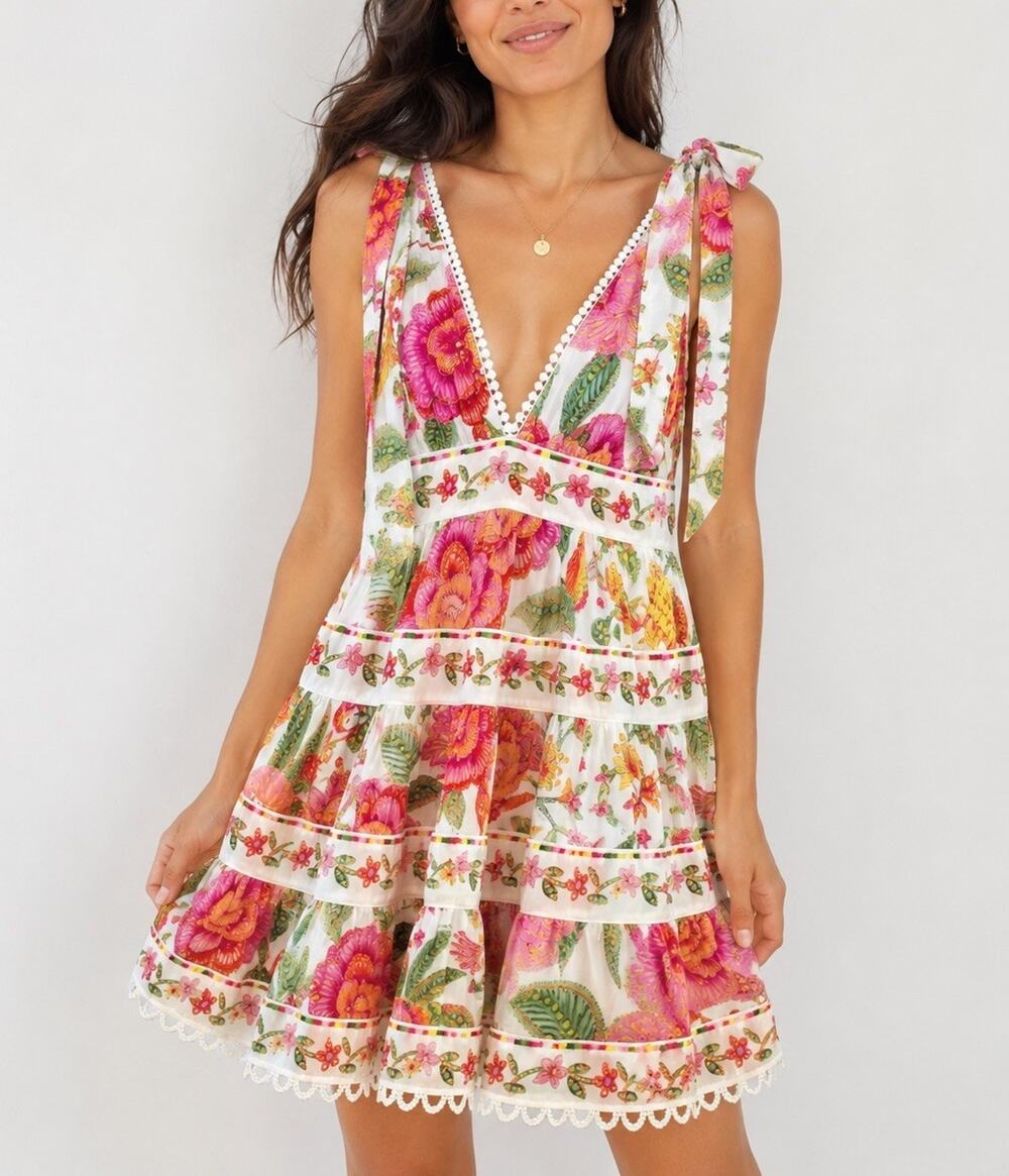 Farm Rio Macaw Bloom Tie Shoulder Tiered Mini Dress Floral Cotton Size Large